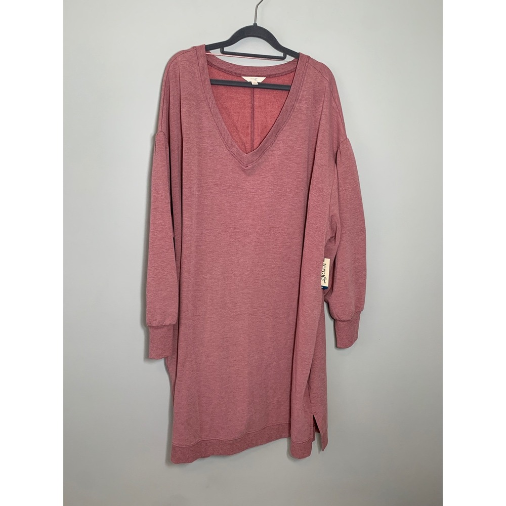NEW Terra & Sky Sweatshirt Dress Women 3X Pink V-Neck Long Sleeve Pockets - Picture 2 of 10